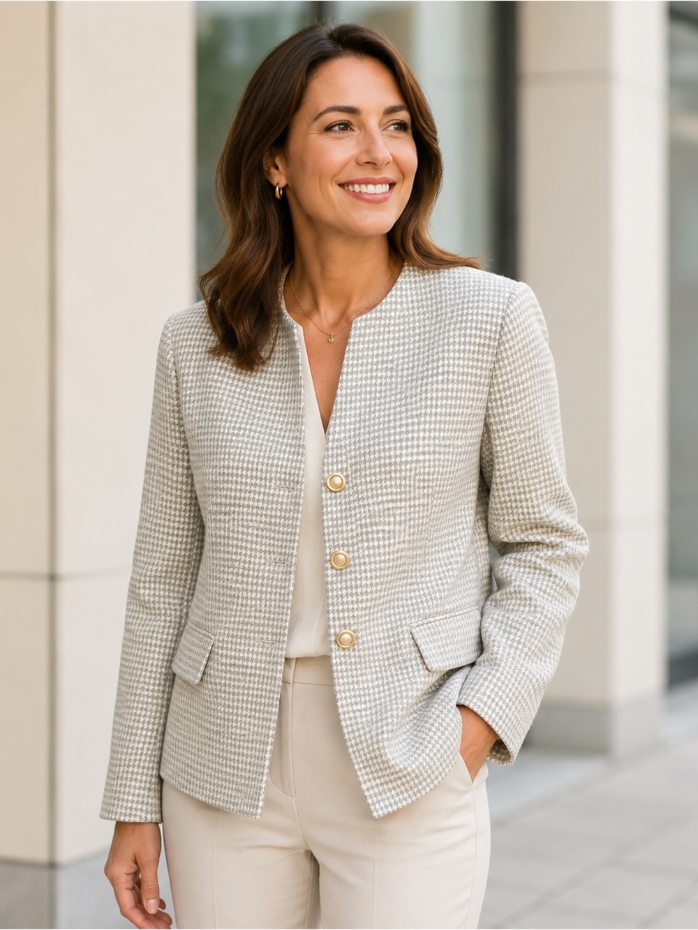 Vtg Light Sage Green Houndstooth Collarless Blazer with Shoulder Pads